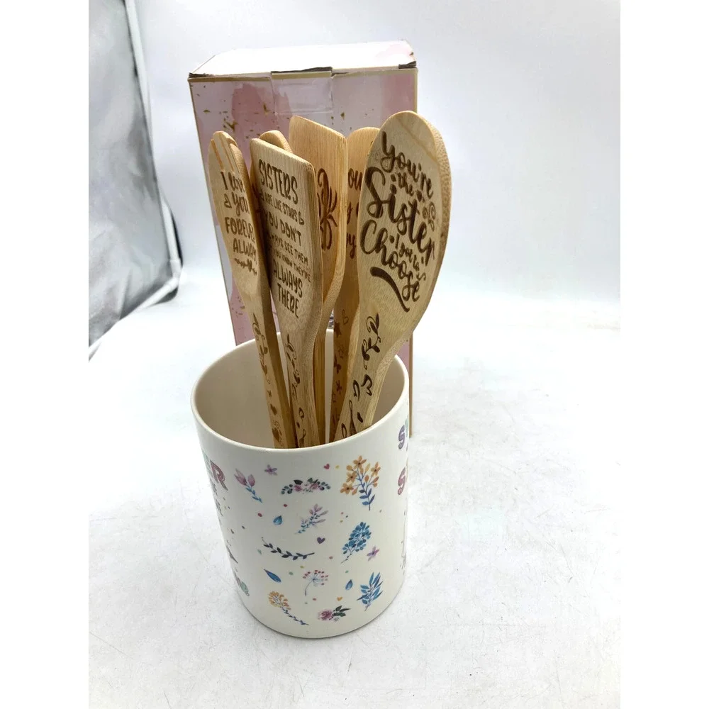 Sister Bamboo Kitchen Utensil Set with Ceramic Holder 6 Piece Gift Set New